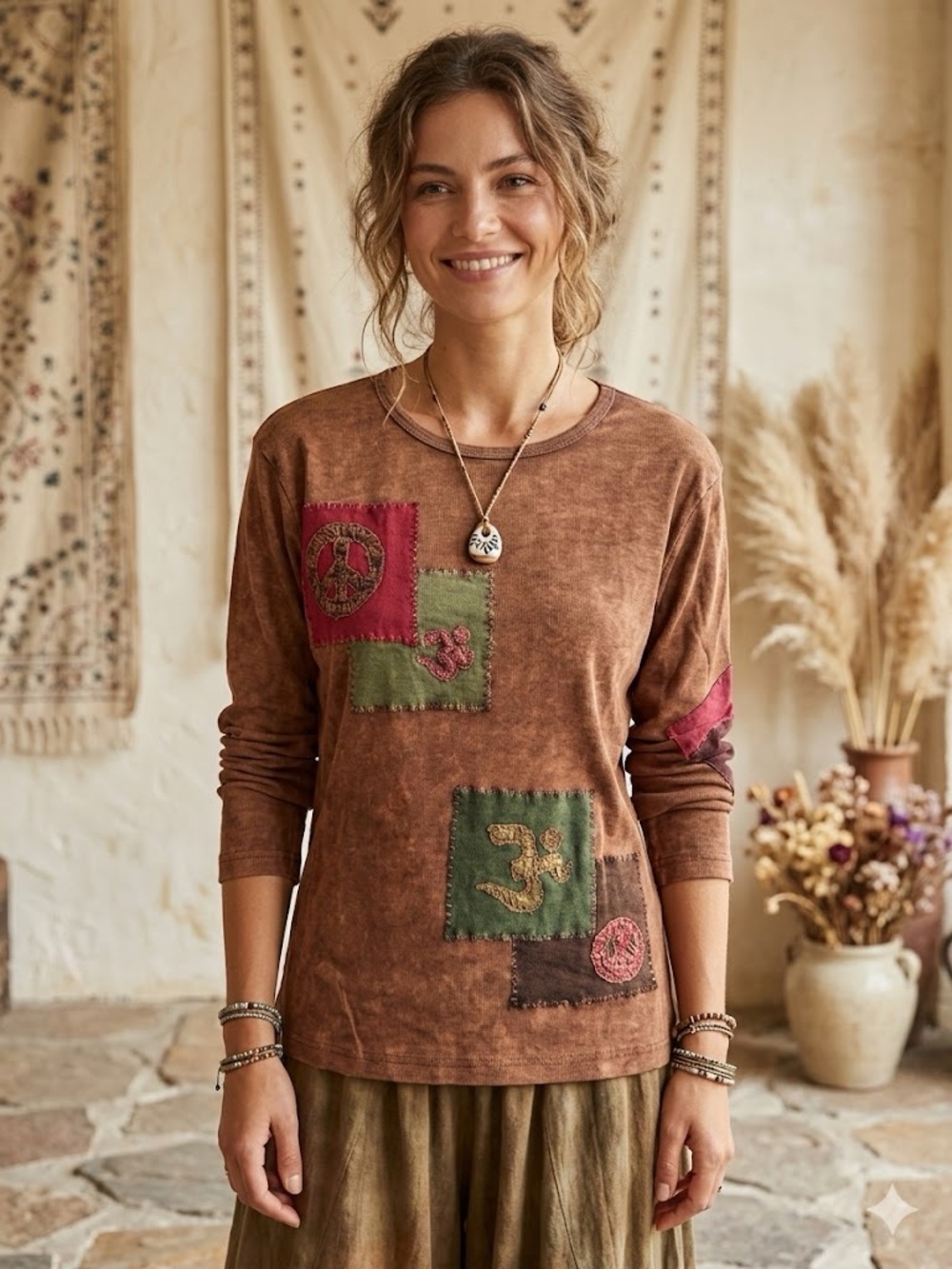 Kathmandu Imports Brown Patchwork 100% cotton Long-Sleeve Top